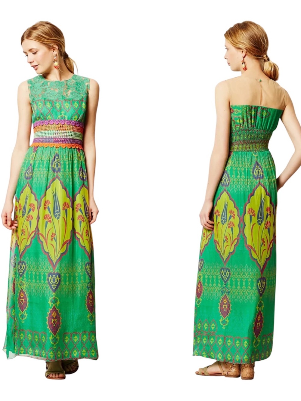 Anthropologie Hemant & Nandita Mintzita Green Silk Maxi Dress 6 AS-IS